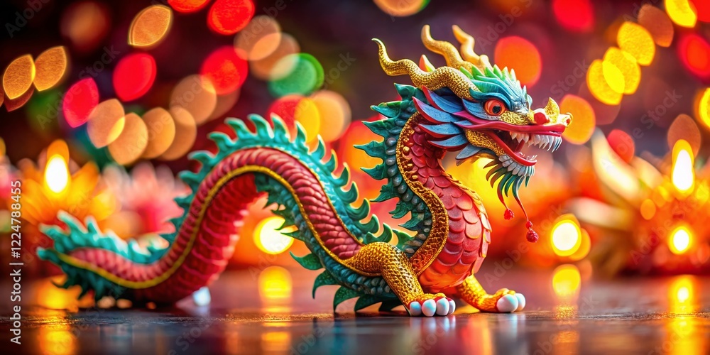 Fototapeta premium Miniature Chinese New Year Dragon Paper Craft, Tilt-Shift Festive Celebration