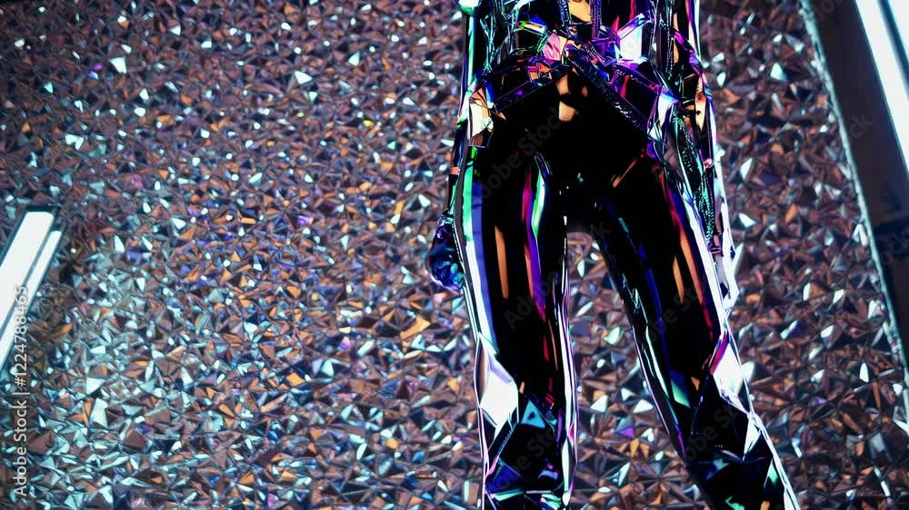 Futuristic chrome fashion model posing within kaleidoscopic environment, wearing iridescent metallic outfit reflecting dynamic light and geometric patterns