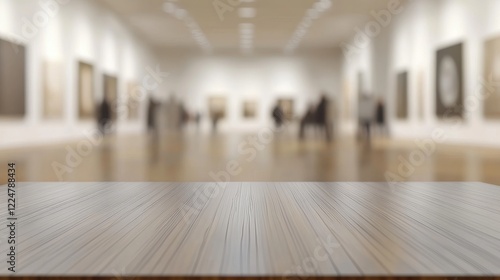 Empty Wooden Tabletop in Blurred Art Gallery Background