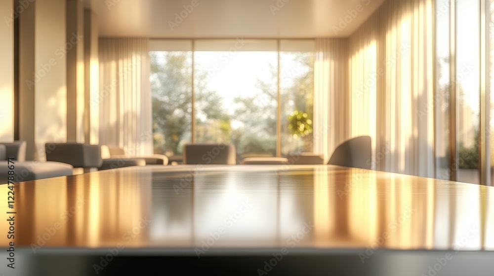 Fototapeta premium Sunlit Modern Living Room with Polished Table and Outdoor View