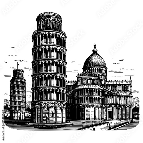 Pisa tower sketch engraving black and white outline. Scratch board imitation.  illustrated in vintage line art style on a white background.
