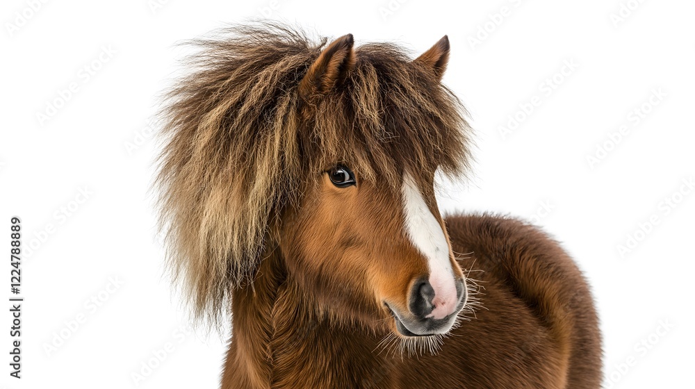 Adorable Shetland Pony with Thick Mane and Mischievous Expression Isolated on White Background, Small Hardy Horse Breed, Cute and Playful Equine, Stock Photo of Miniature Pony Adorable Shetland Pony with Thick Mane and Mischievous Expression Isolated on White Background, Small Hardy Horse Breed, Cute and Playful Equine, Stock Photo of Miniature Pony