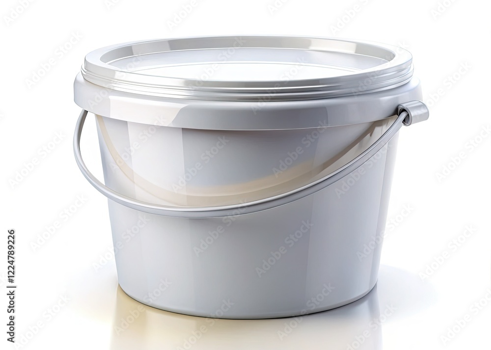 Clean white backdrop showcases a 3D-rendered plastic bucket mockup; perfect for packaging design. Blank, lidded container awaits your branding. Clean white backdrop showcases a 3D-rendered plastic bucket mockup; perfect for packaging design. Blank, lidded container awaits your branding.