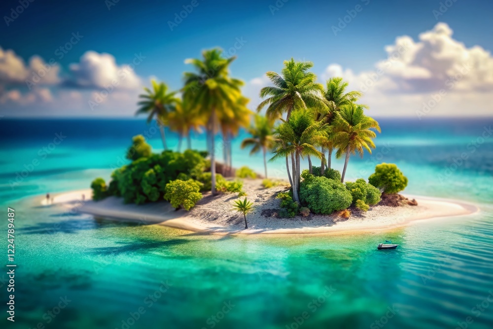 Naklejka premium Miniature Desert Island Paradise: Tilt-Shift Photography of Secluded Tropical Island