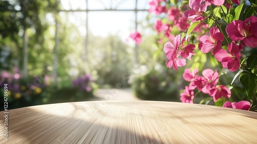 Wooden Tabletop in a Sunlit Botanical Garden with Blooming Pink Flowers