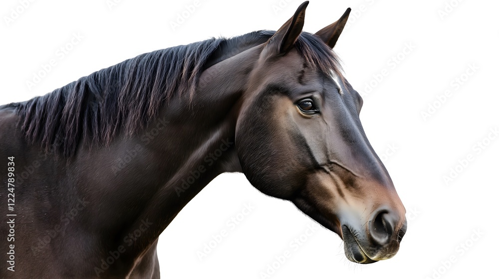 Fototapeta premium Tennessee Walking Horse with Smooth Black Coat, Isolated on White Background, Elegant Horse, Black Horse, Sleek Coat, Graceful Walking Horse, Beautiful Equine, Horse Close-Up, Tennessee Walking Horse 
