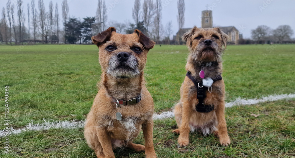 Two cute Border Terrier Puppy dogs sitting on a green field enjoying a dog walk in a park Two cute Border Terrier Puppy dogs sitting on a green field enjoying a dog walk in a park