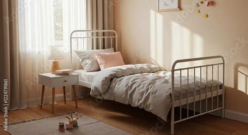Cozy Minimalist Bedroom Interior: A serene and stylish bedroom interior features a white metal bed frame with soft linens, a bedside table with a lamp, and natural light streaming through a window.