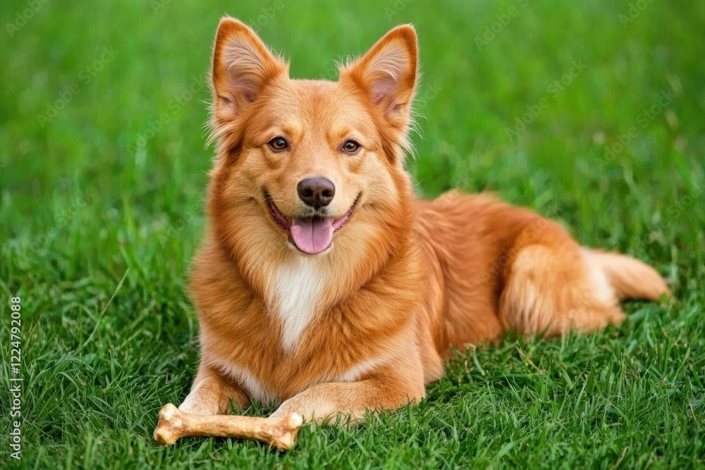 Happy Red Dog Lying On Green Grass With A Bone Happy Red Dog Lying On Green Grass With A Bone