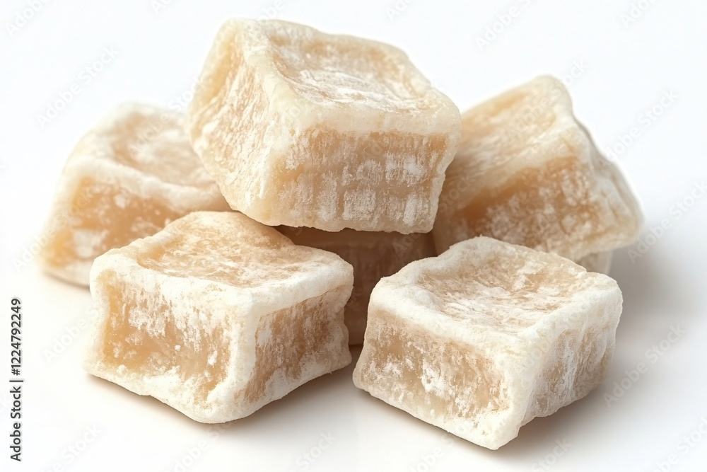Pile of Candied Ginger Cubes on White Background Close Up Sweet Treat Food Snack Ingredient Pile of Candied Ginger Cubes on White Background Close Up Sweet Treat Food Snack Ingredient