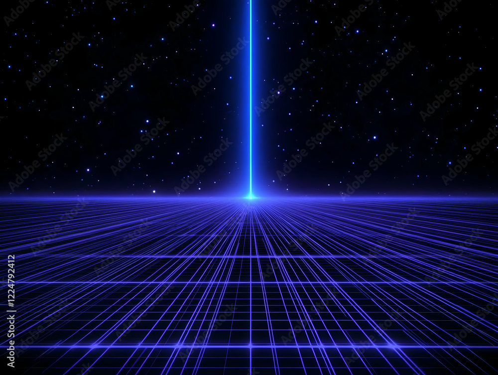 Abstract Blue Grid Background with Shining Light Beam Under the Starry Night Sky Abstract Blue Grid Background with Shining Light Beam Under the Starry Night Sky