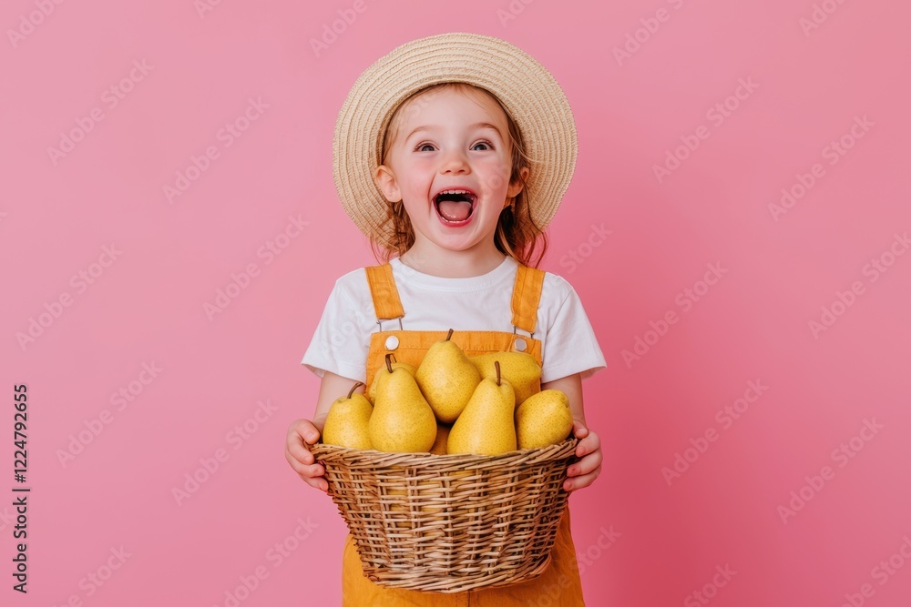Happy Toddler Girl Holding a Basket of Pears