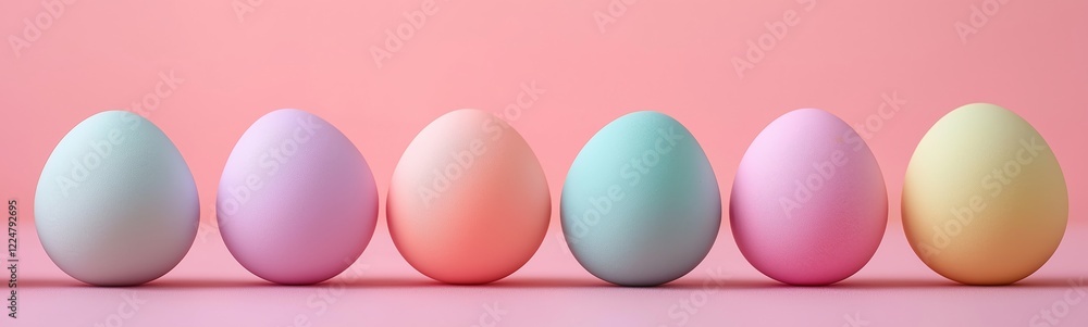 Colorful pastel eggs arranged in a row against a soft pink background Colorful pastel eggs arranged in a row against a soft pink background