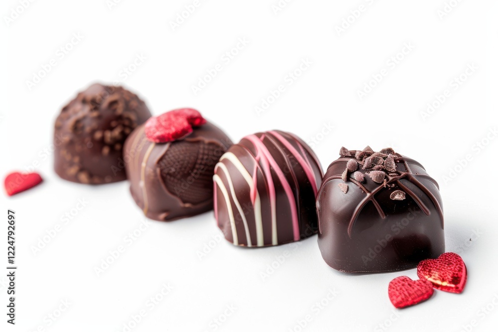 Fototapeta premium Decadent handmade chocolates adorned with heart embellishments on a pristine white background, perfect for romantic occasions isolated on transparent background