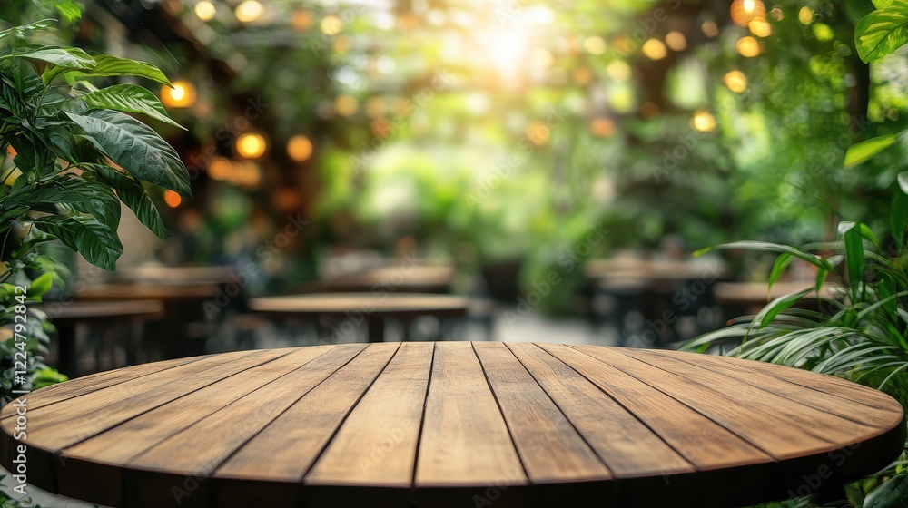Empty Wooden Table in a Lush Outdoor Cafe Setting Empty Wooden Table in a Lush Outdoor Cafe Setting