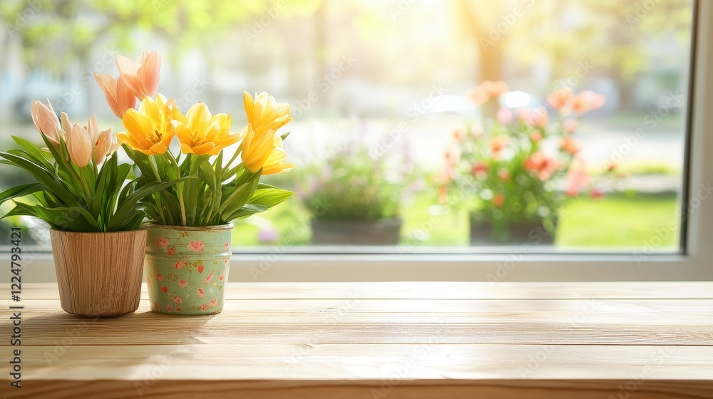 Vibrant Spring Tulips in Pots on Wooden Windowsill with Sunny Garden View Vibrant Spring Tulips in Pots on Wooden Windowsill with Sunny Garden View