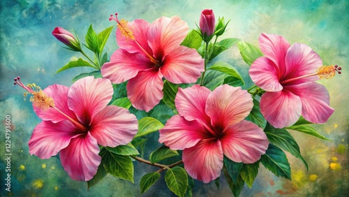 Delicate pink hibiscus blooms in vintage watercolor style, showcasing nature's beauty with soft brushstrokes.