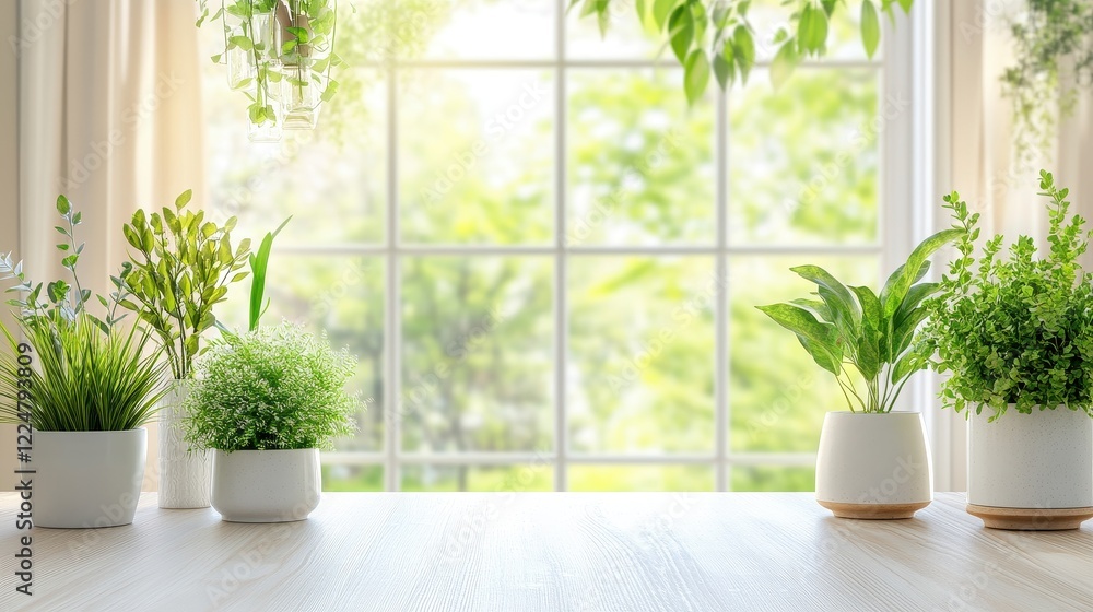 Fototapeta premium Serene Indoor Plants on Windowsill with Bright Sunlight