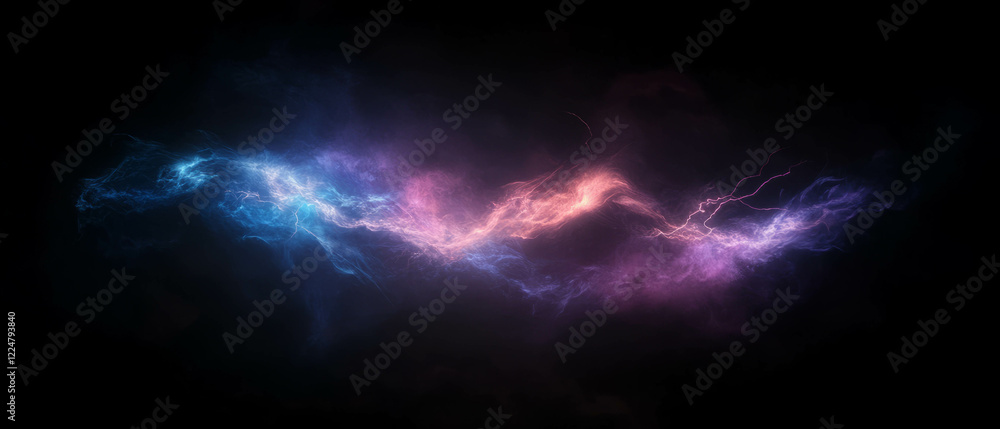 Colored smoke and lightning bolts create an electric atmosphere with vibrant hues Colored smoke and lightning bolts create an electric atmosphere with vibrant hues