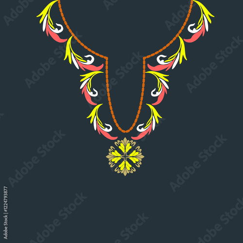 Orange and yellow necklace with flowers on a dark background. Vector illustration.