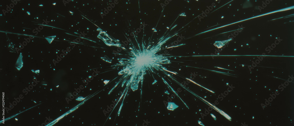 Fototapeta premium Concentric broken glass texture revealing radiating patterns against a black background
