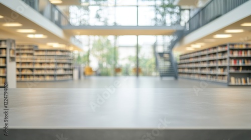 Wallpaper Mural Empty Table in Modern Library with Blurred Bookshelves Background Torontodigital.ca