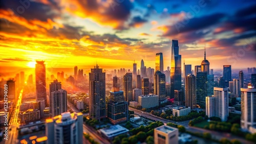 Miniature Sunset Cityscape: Tilt-Shift Aerial View of Skyscrapers at Golden Hour