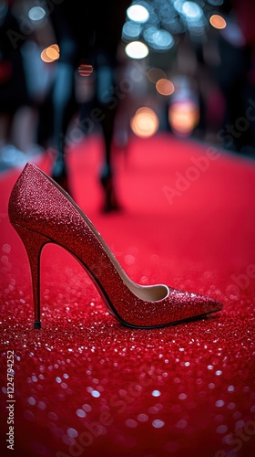 Elegant high heels on red carpet with blurred attendees photo