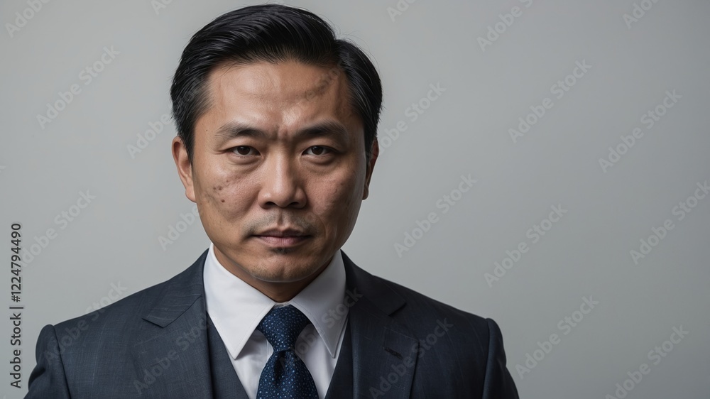 Confident Asian businessman in a suit and tie, isolated on a clean white background with a subtle gradient effect. Confident Asian businessman in a suit and tie, isolated on a clean white background with a subtle gradient effect.