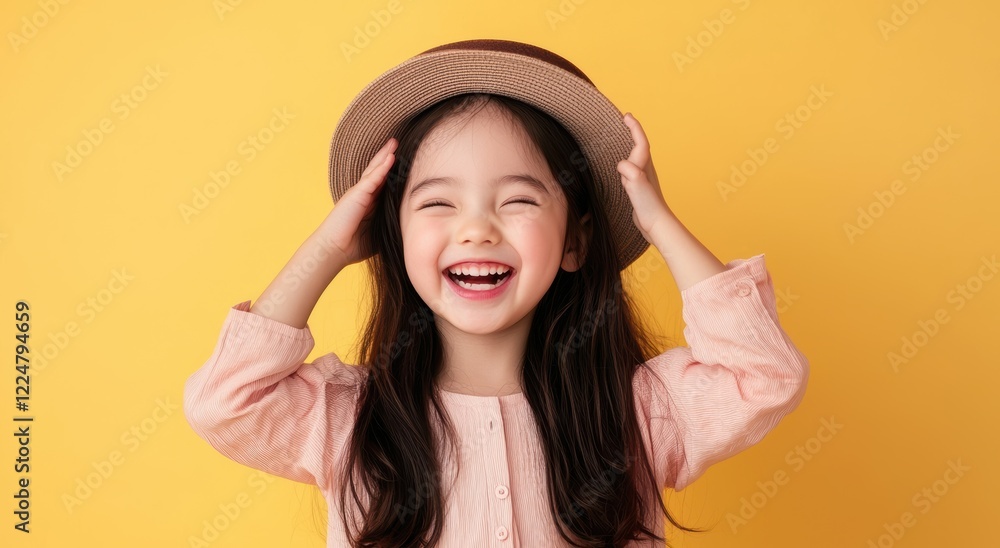 Joyful Little Girl Smiling in a Straw Hat Against a Yellow Background Joyful Little Girl Smiling in a Straw Hat Against a Yellow Background