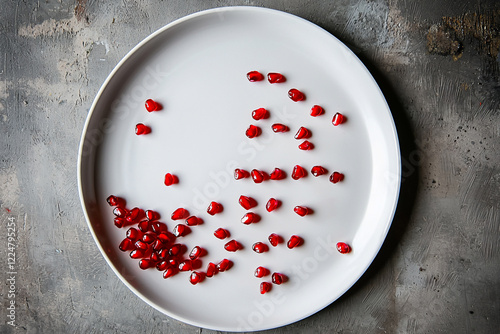 Fresh pomegranate seeds arranged artistically on a white plate against a textured gray background