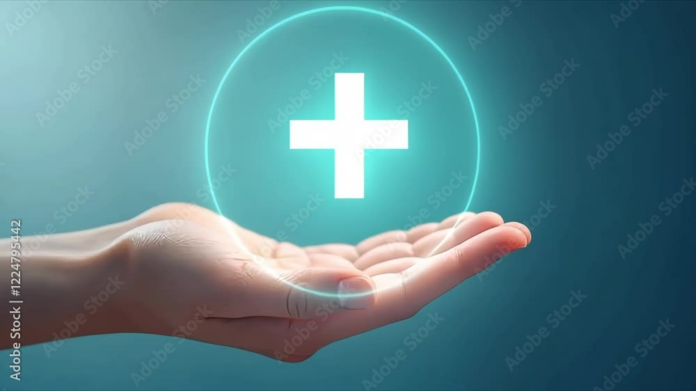 Glowing medical cross symbol floating and growing over open hand on blue background. Healthcare and medical support concept Glowing medical cross symbol floating and growing over open hand on blue background. Healthcare and medical support concept