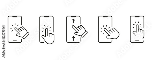 Click the smartphone line icon set. Hand touch screen display. Touch screen icons. Tap point, pointer on touch screen outline. Cursor finger icon. Vector and transparent background