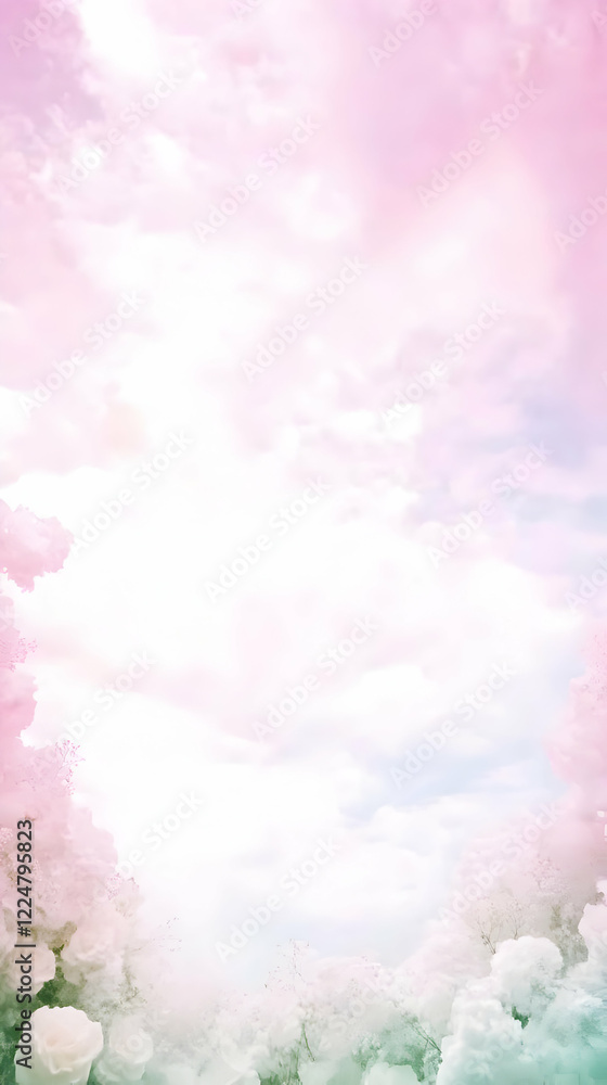 Fototapeta premium Soft Pastel Floral Border Frames a Dreamy Sky with Wispy Clouds Gracefully