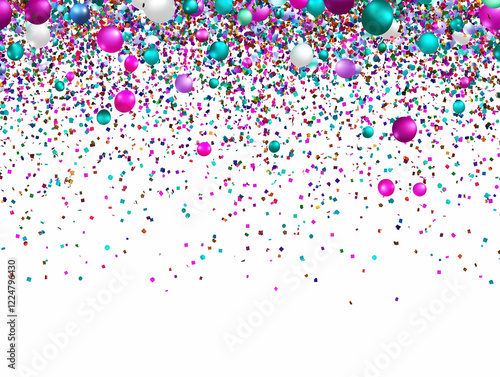 Colorful Confetti and Balloons Rain Down Festively on White Background for Celebration Design
