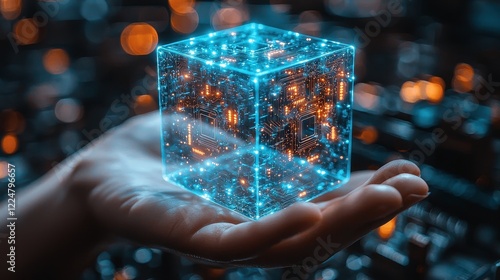 Hand Holding Futuristic Transparent Cube with Circuit Board Design - Innovation and Technology