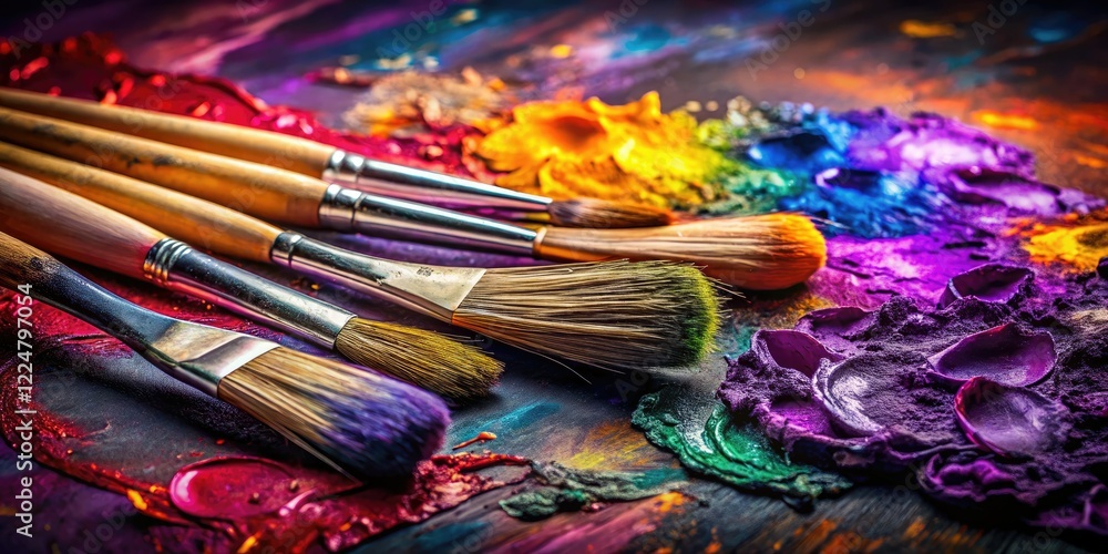 Fototapeta premium Enthralling low-light photography: vibrant purple backdrop, paintbrushes, palettes, artistic masterpiece.