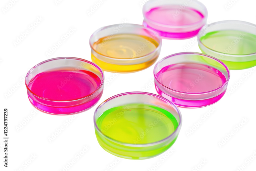 Colorful petri dishes filled with vibrant liquids reflecting creativity in a scientific environment isolated on transparent background Colorful petri dishes filled with vibrant liquids reflecting creativity in a scientific environment isolated on transparent background