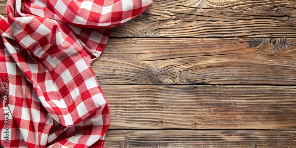 Obraz premium Cloth napkin at empty wooden background top view. Checkered red tablecloth placed on the side of old wood brown table surface. Copy space. Kitchen blank counter. Free space for product and information