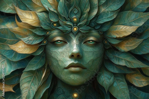 Mystical Green Goddess with Intricate Leaf Crown, Digital Art