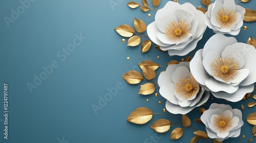 Wallpaper Mural Elegant White Flowers with Golden Leaves Against a Blue Background Providing a Stunning Color Contrast for Creative Designs and Projects Torontodigital.ca