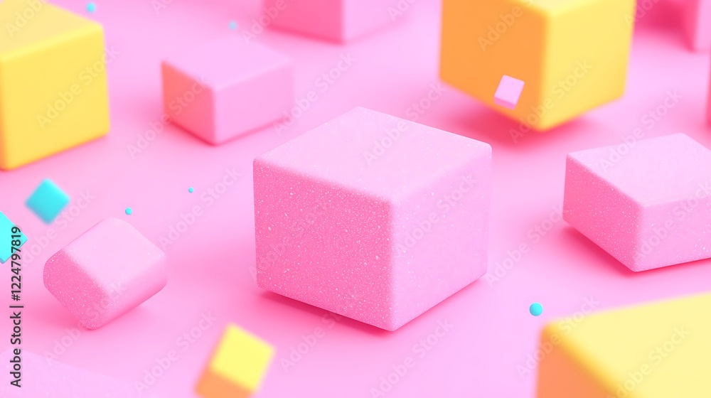 Abstract colorful blocks floating above a vibrant pink background, creating a playful and artistic scene Abstract colorful blocks floating above a vibrant pink background, creating a playful and artistic scene