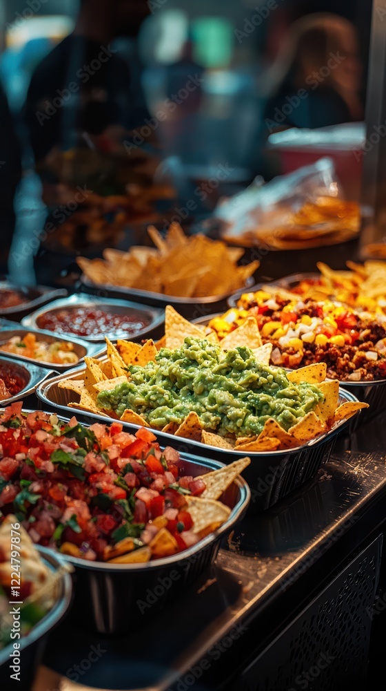 Obraz premium Vibrant nachos with guacamole and salsa at a busy eatery