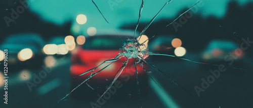 Cracked windshield with a clear viewing area on a blurred city street background photo