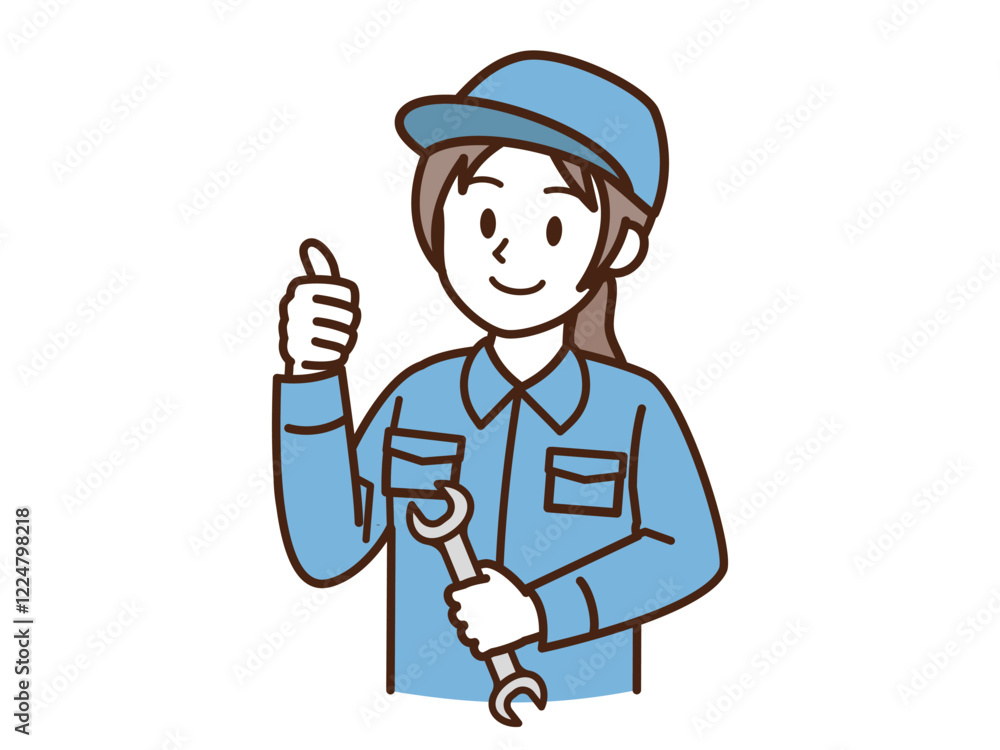 作業着の女性_スパナ_サムズアップ_ブルー