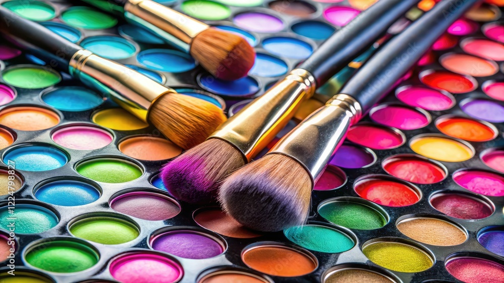 Fototapeta premium Flatlay showcasing makeup brushes and eyeshadow palettes, a candid beauty product shot.