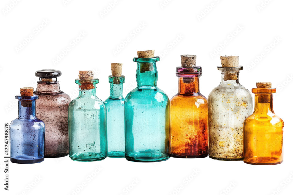 Antique glass bottles of various shapes and colors arranged in a creative display on a white backdrop isolated on transparent background Antique glass bottles of various shapes and colors arranged in a creative display on a white backdrop isolated on transparent background