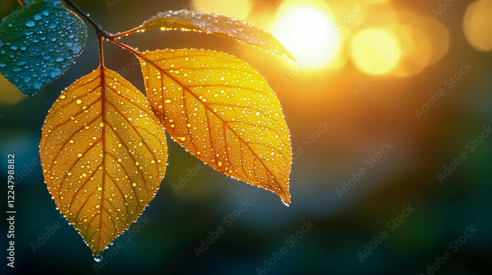 Golden Autumn Leaves with Dewdrops at Sunrise: A Nature Close-up Golden Autumn Leaves with Dewdrops at Sunrise: A Nature Close-up