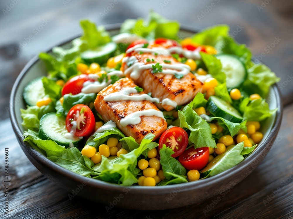 Grilled Chicken Salad with Fresh Vegetables and Mixed Greens Healthy Food Photography Grilled Chicken Salad with Fresh Vegetables and Mixed Greens Healthy Food Photography