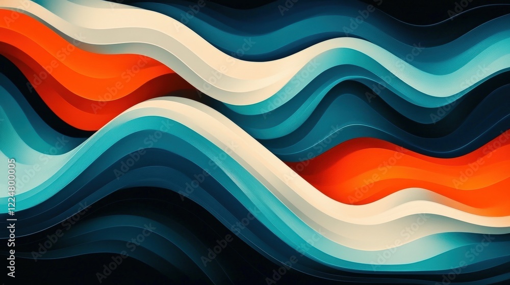 Fototapeta premium Vibrant psychedelic flowing patterns in orange, blue, teal, and white against a dark background, ideal for dance music album cover or party promotion with 70s and 80s retro inspiration